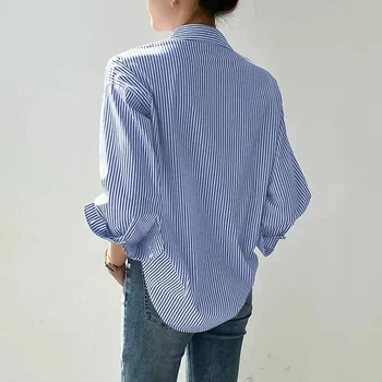 Alternative view of Women Spring Summer Blouses Shirts Lady Fashion Casual Long Sleeve Turn-down Blue Stripes Blusas Tops