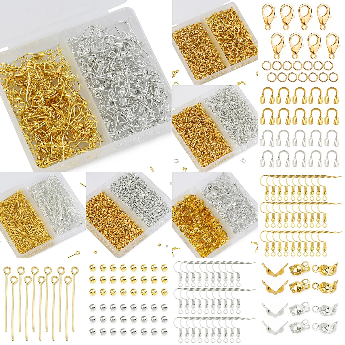 Box Diy Schmuck Materialien Zubehör Karabinerverschluss Biegeringe Ohrringverschlüsse Stopper Crimp Tube Clamshell Bead Flat Head Eye Pin