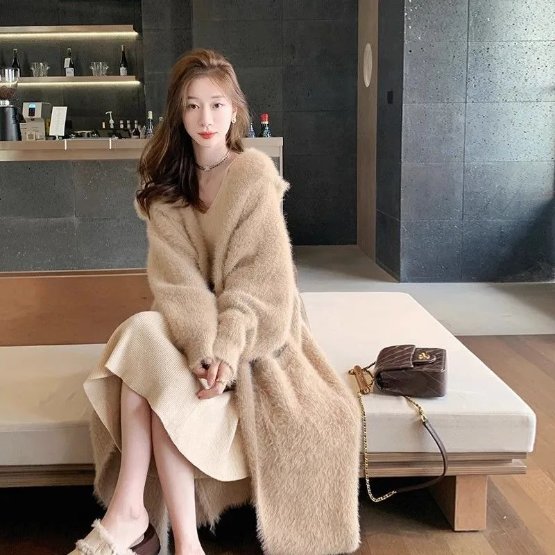 Thick hooded knitted cardigan jacket for knitted sweater autumn and winter women's gentle and lazy style knee length coat - Image 2