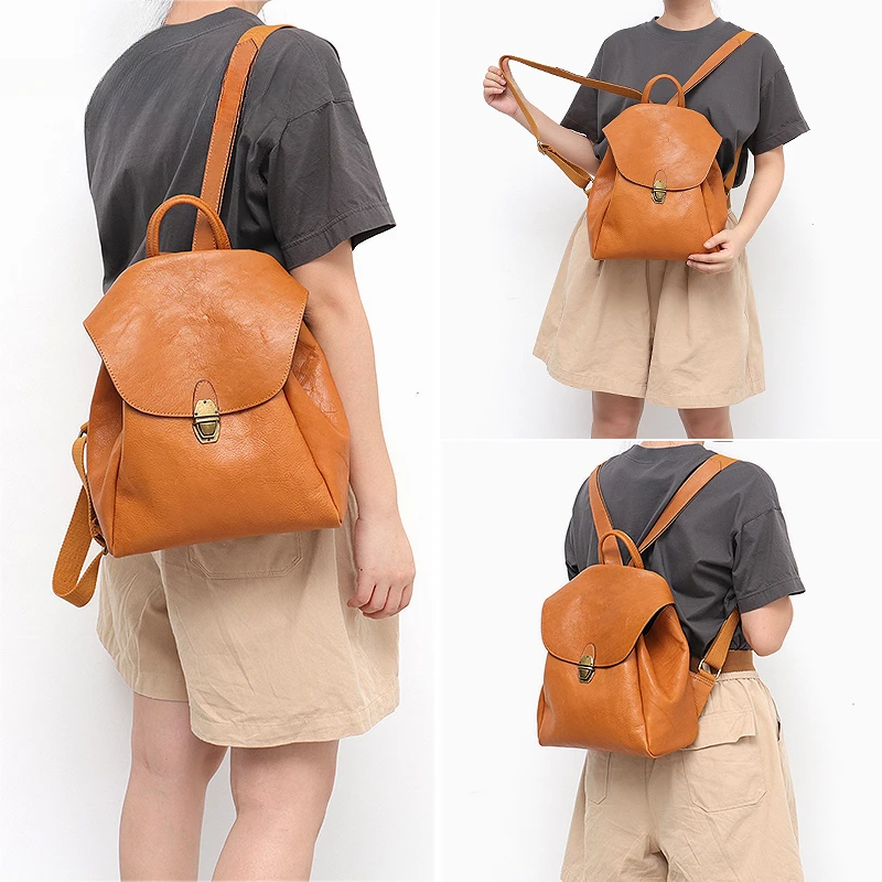 Large travel laptop bag student leisure backpack retro flip backpack women's leather shoulder bag