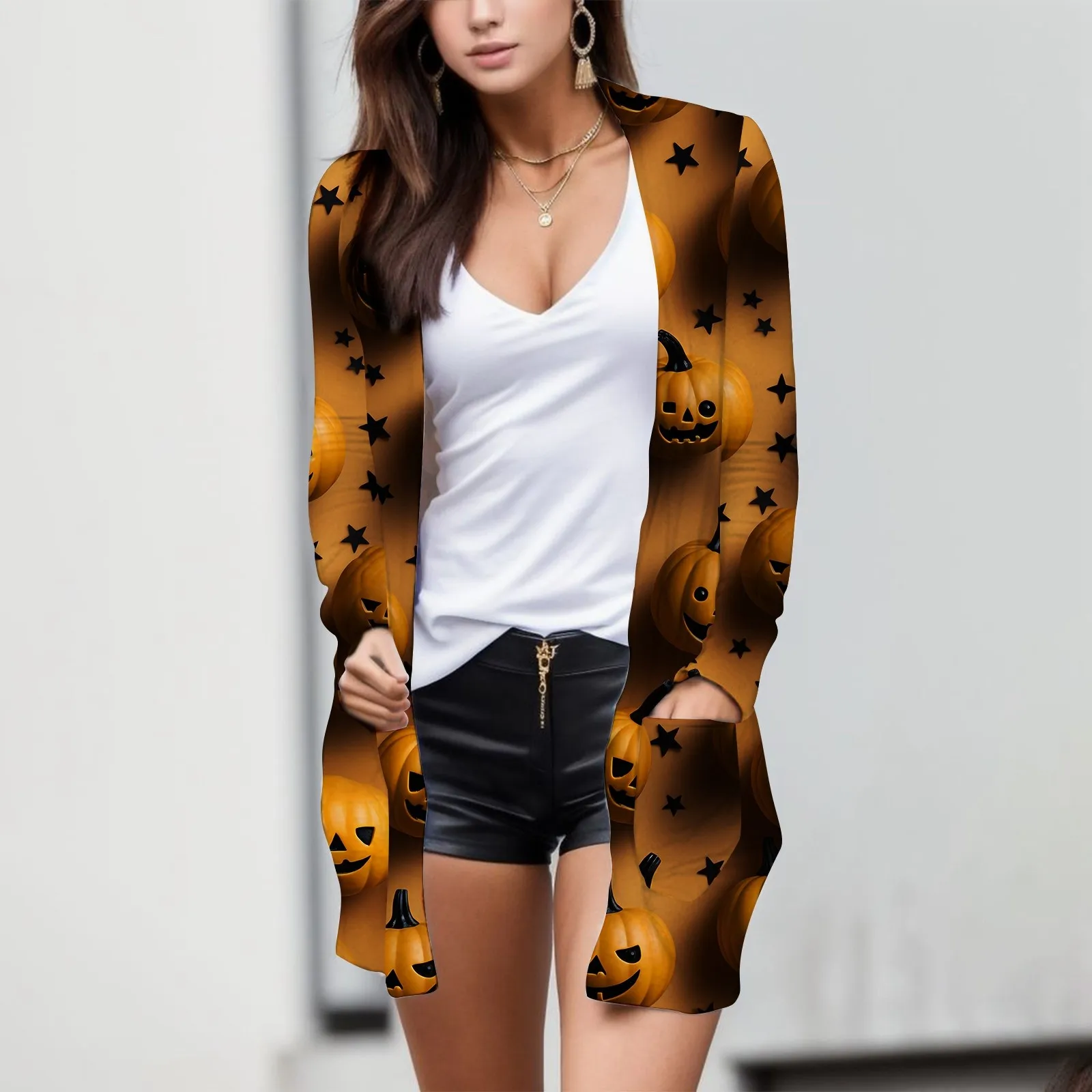 

Женский кардиган без пуговиц, Свободный кардиган с принтом на Хэллоуин, с карманами и длинным рукавом, с винтажным принтом, туники