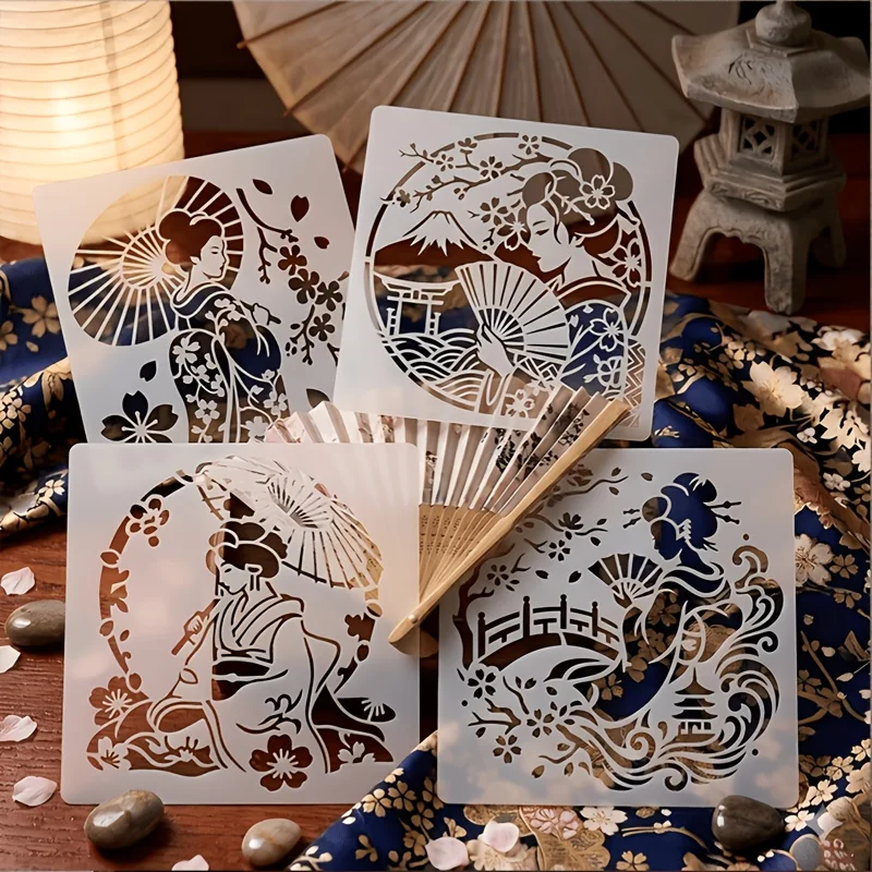 4Pcs 일본 게이샤 패턴 스텐실 DIY 공예 홈 벽 패브릭 페인팅을위한 재사용 가능한 벚꽃 후지산 템플릿