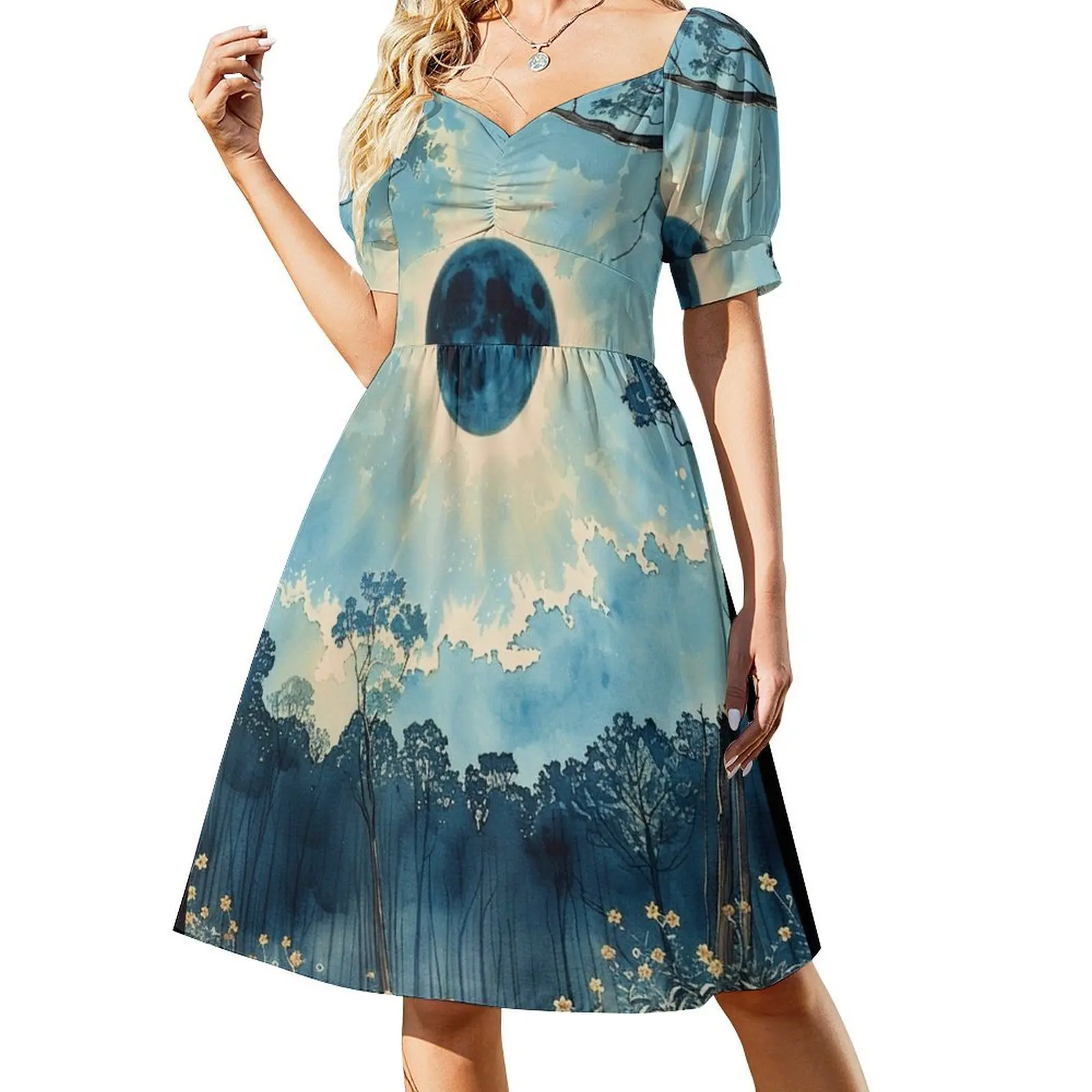 thumbnail image 1 of Vestido de manga corta con estampado de acuarela sobre bosques de pinos Vestido para niñas vestidos sueltos elegantes para mujer Vestido, 1 of 7