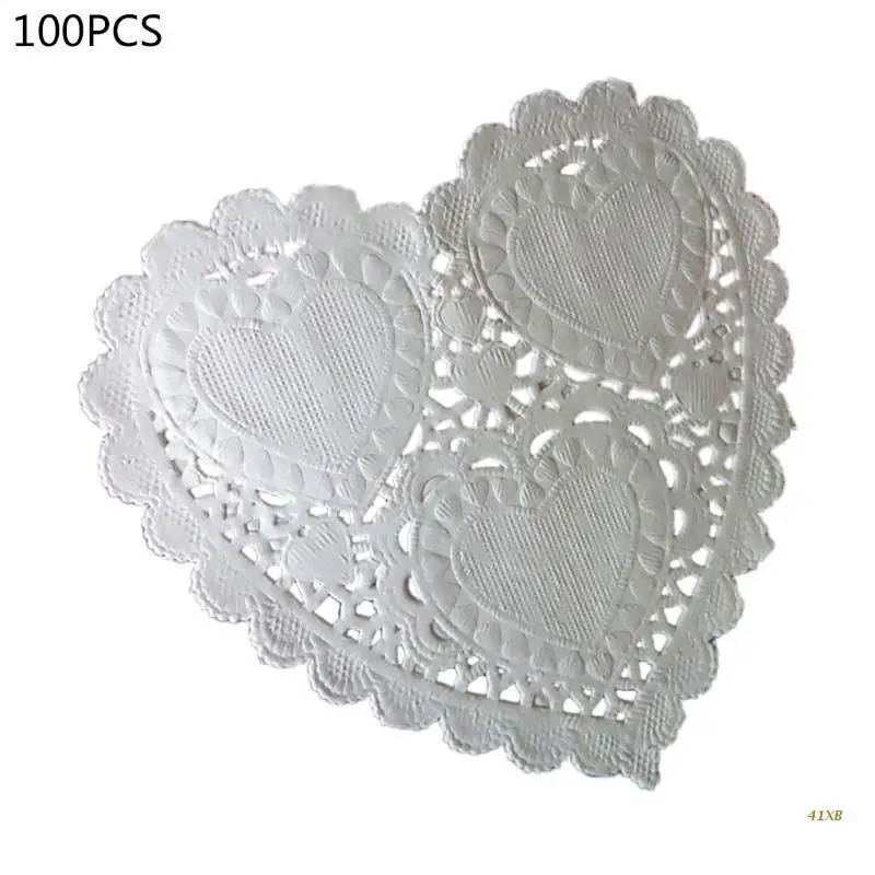 41XB 100Pcs/Set 4 Inch 10cm Heart Shape Paper Doily White Doilies Coaster Placemat