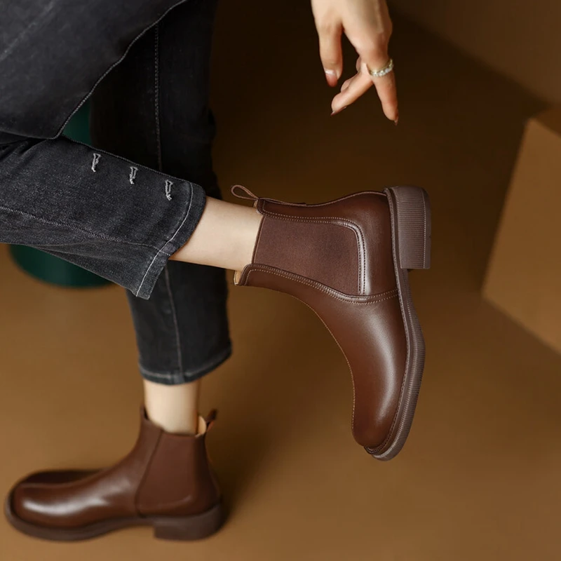 

NEW Fall Shoes Women Split Leather Boots Round Toe Chunky Heel Women Boots Winter Solid Slip-on Ankle Boots Western Boots Women