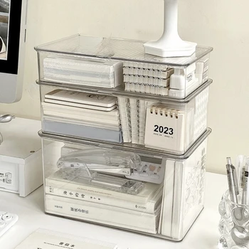 Scatola portaoggetti da scrivania di grande capacità con coperchio Scatola portaoggetti cosmetica Forniture per ufficio trasparenti Scatola porta documenti per libri