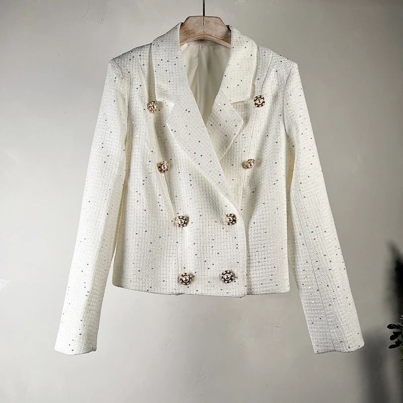 

French Small Fragrance Thin Coat Women Long Sleeves Sequined Notched Sweet Casual Loose Basic High Quality Female Tweed Jacket