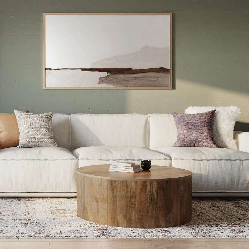 Coffee Table in , 36-Inch Round, Solid Mango Wood Drum Design for Living Room Assembled, coffee table 2