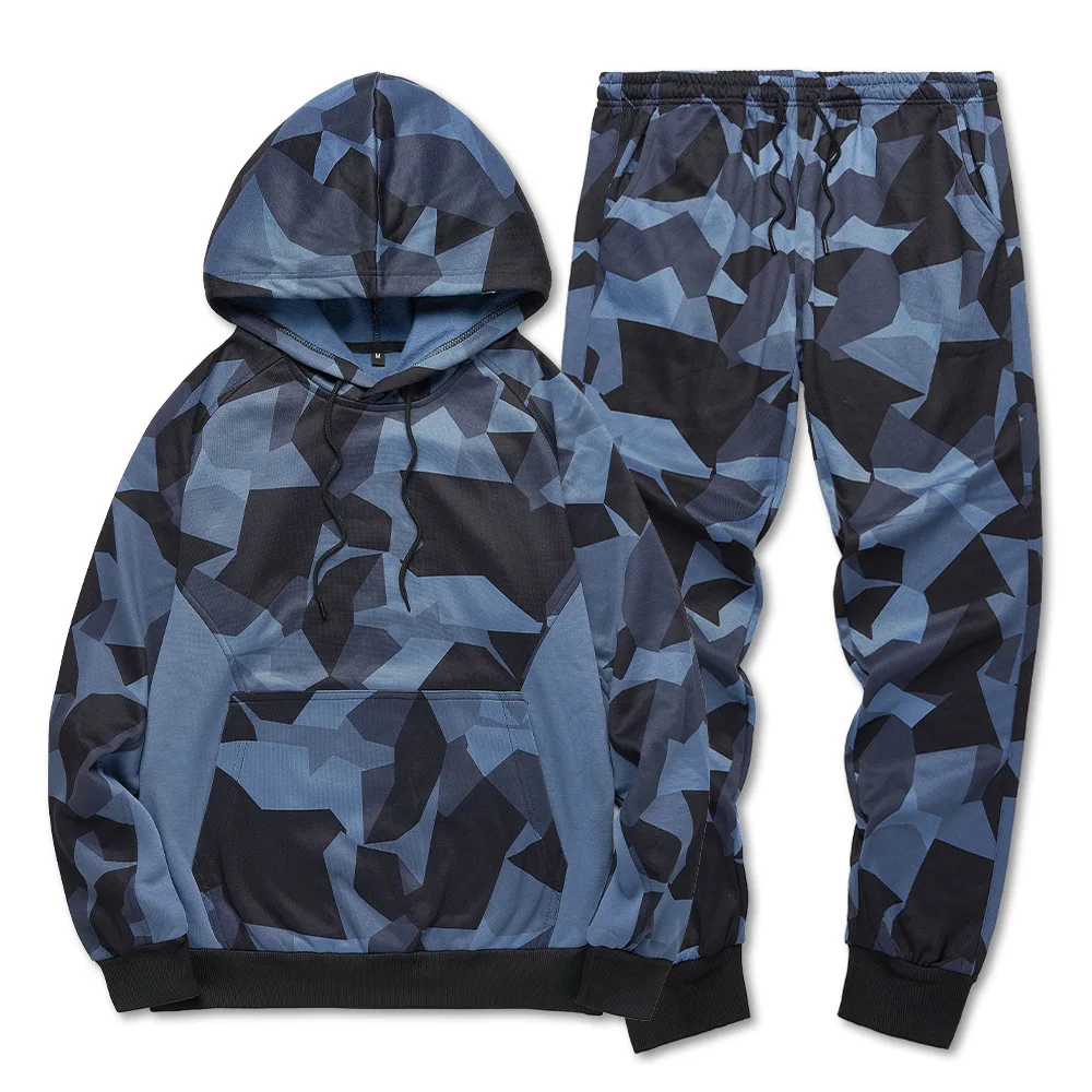 Autumn and Winter New Hooded Drawstring Fleece Camouflage Two-piece Men's Casual Sports Set