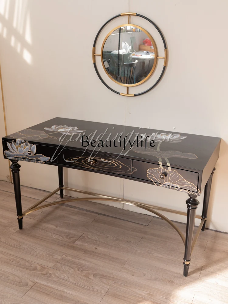 

American Light Luxury Black Solid Wood Painted Dresser Drawer Roman Column Feet High-End Furniture