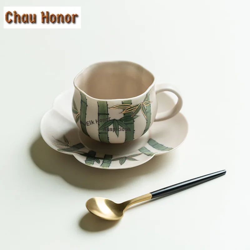 130ml Hand-painted Bamboo Forest Petal Coffee Mug With Plate Beer Cup Afternoon Tea Mug Cup Saucer Kit Drinkware Decoration Gift