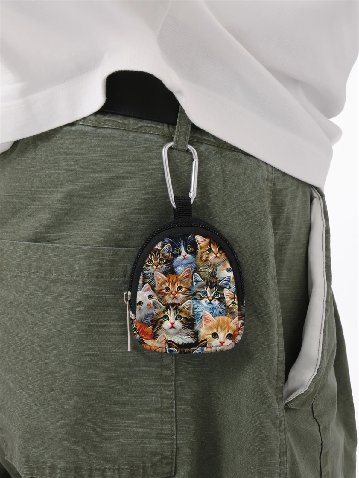 Cat pattern printed mini wallet, zipper change bag with hook clip, headphone key bag, suitable for men and women