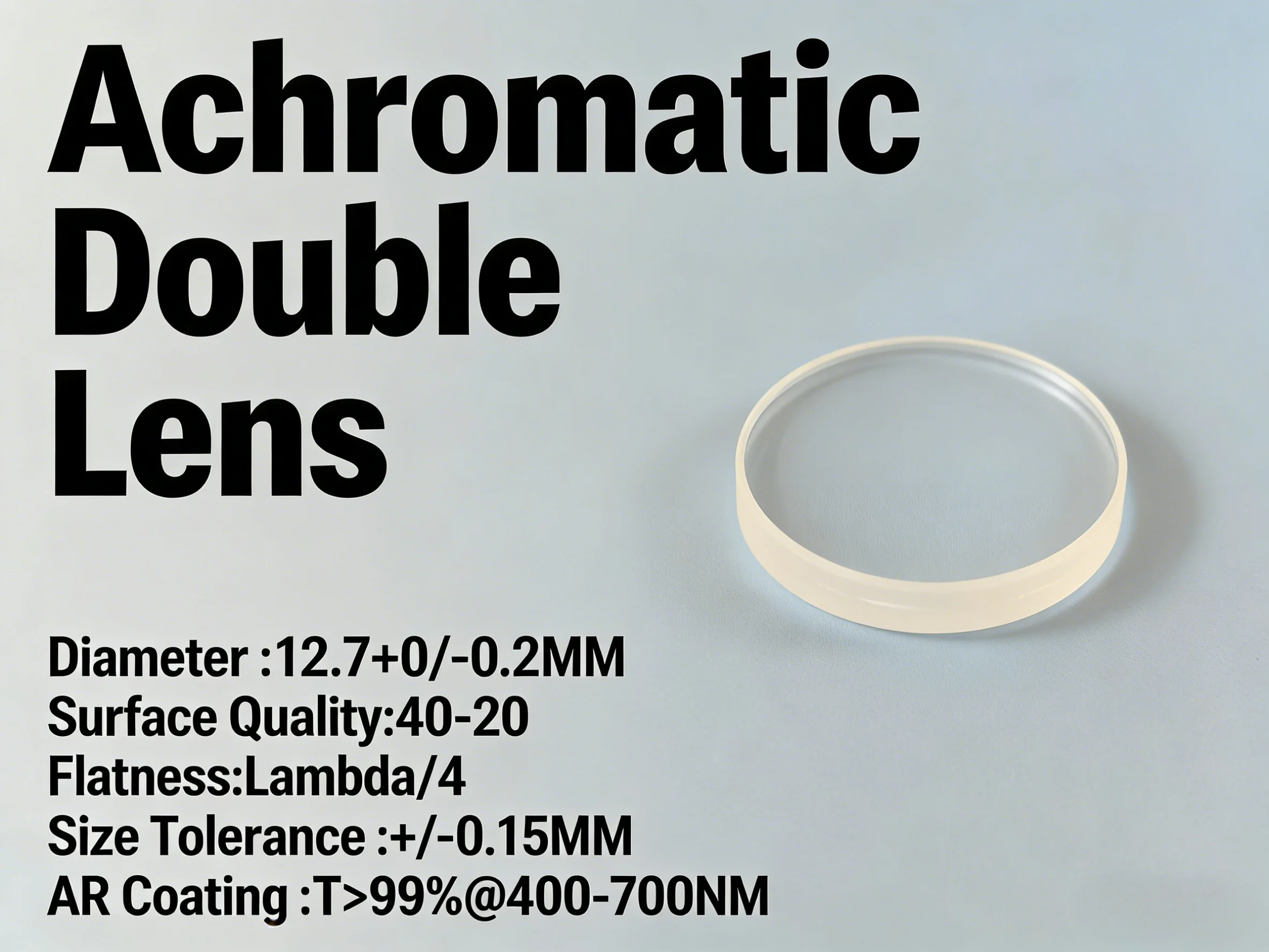PhotonEdge 12.7mm 아크로매틱 이중 렌즈, 30-200mm 초점 거리, AR 코팅 T99% @400-700nm, 40-20 S/D, λ/4 평탄성
