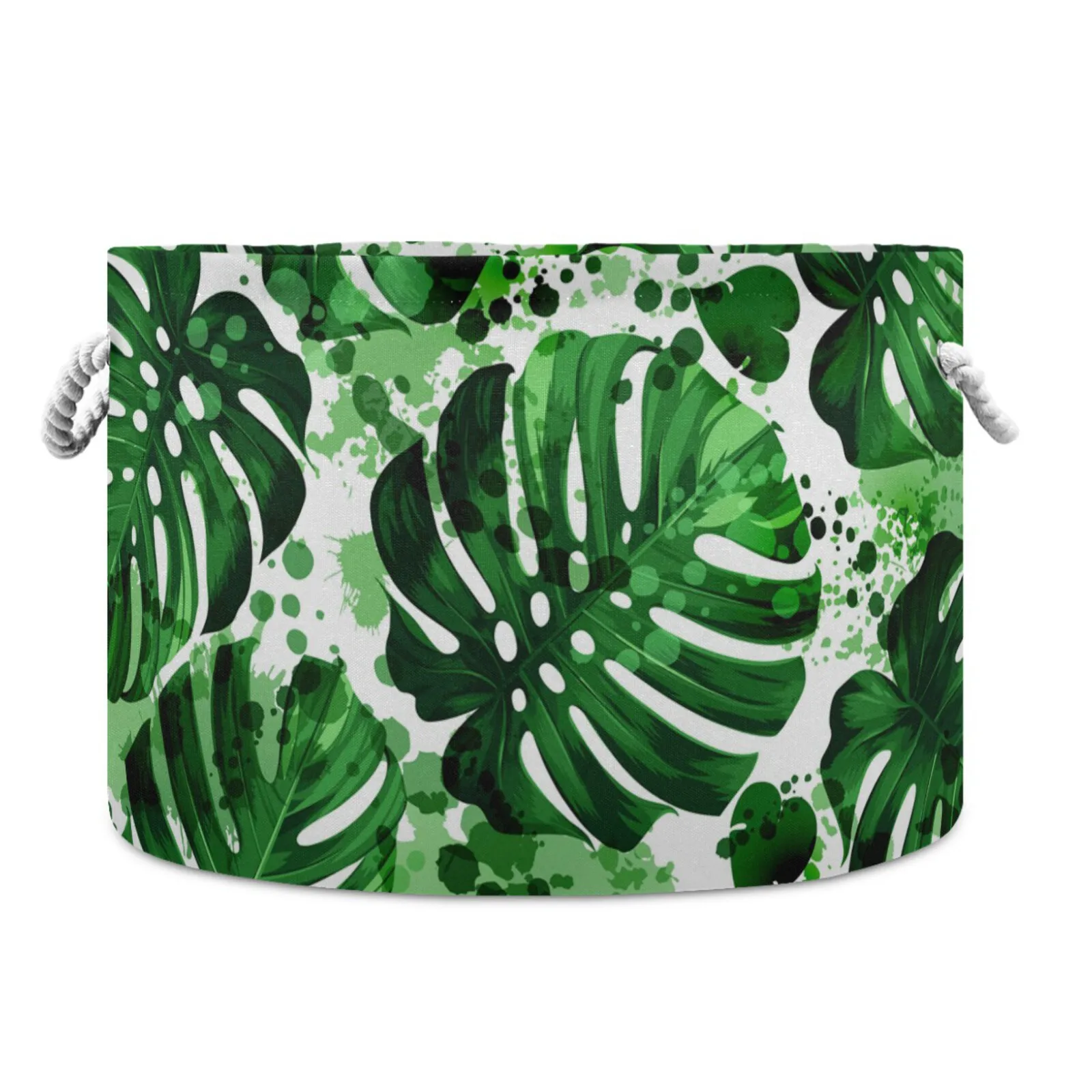

Tropical Palm Leaves Print Round Toy Storage Basket Box High Capacity Foldable Sundries Storage Bucket With Cotton Rope Handle