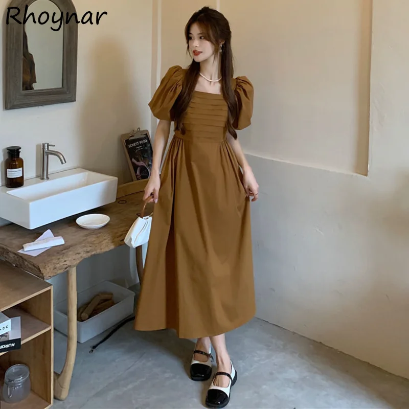 

Puff Sleeve Dresses Women Midi Vintage Solid French Style Summer New Folds Design Temperament Literary Casual Chic Young Fashion