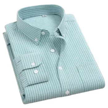 Camicia elegante da uomo classica Primavera manica lunga 100% puro cotone tinta unita Oxford a righe morbida camicetta sociale da lavoro vestibilità regolare 1