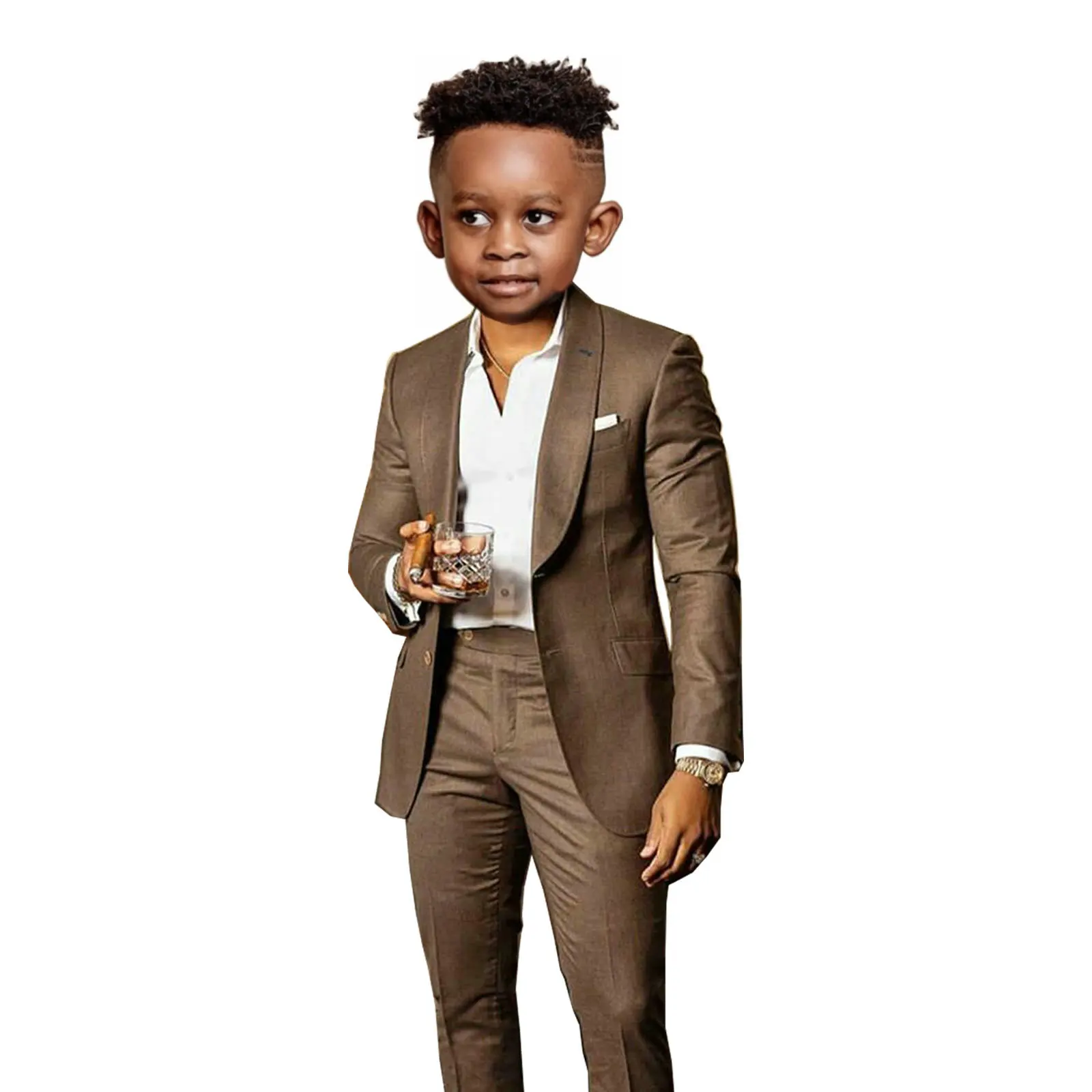 Children's Brown 2-Piece Suit with Shawl Collar - Elegant Formal Wear for Weddings and Parties