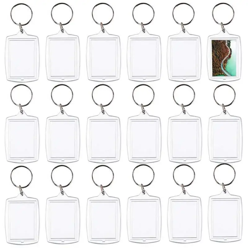 100Pcs Photo Keychain Rectangle Transparent Blank Acrylic Insert Photo Picture Frame Keyring Key Holder DIY Split Ring