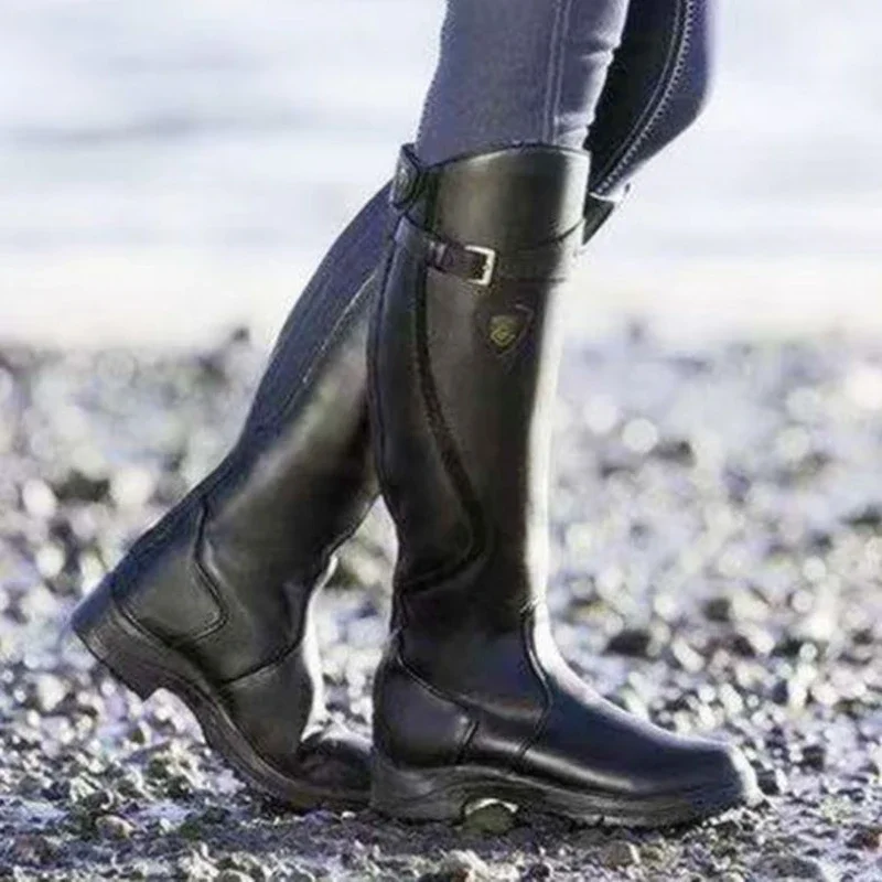 Stivali Alti Al Ginocchio Autunno Inverno Donna Stivali In Pelle Con Fibbia A Pieghe Femminili Stivali Lunghi Piatti Con Cerniera Plus Size 35-43 Bota