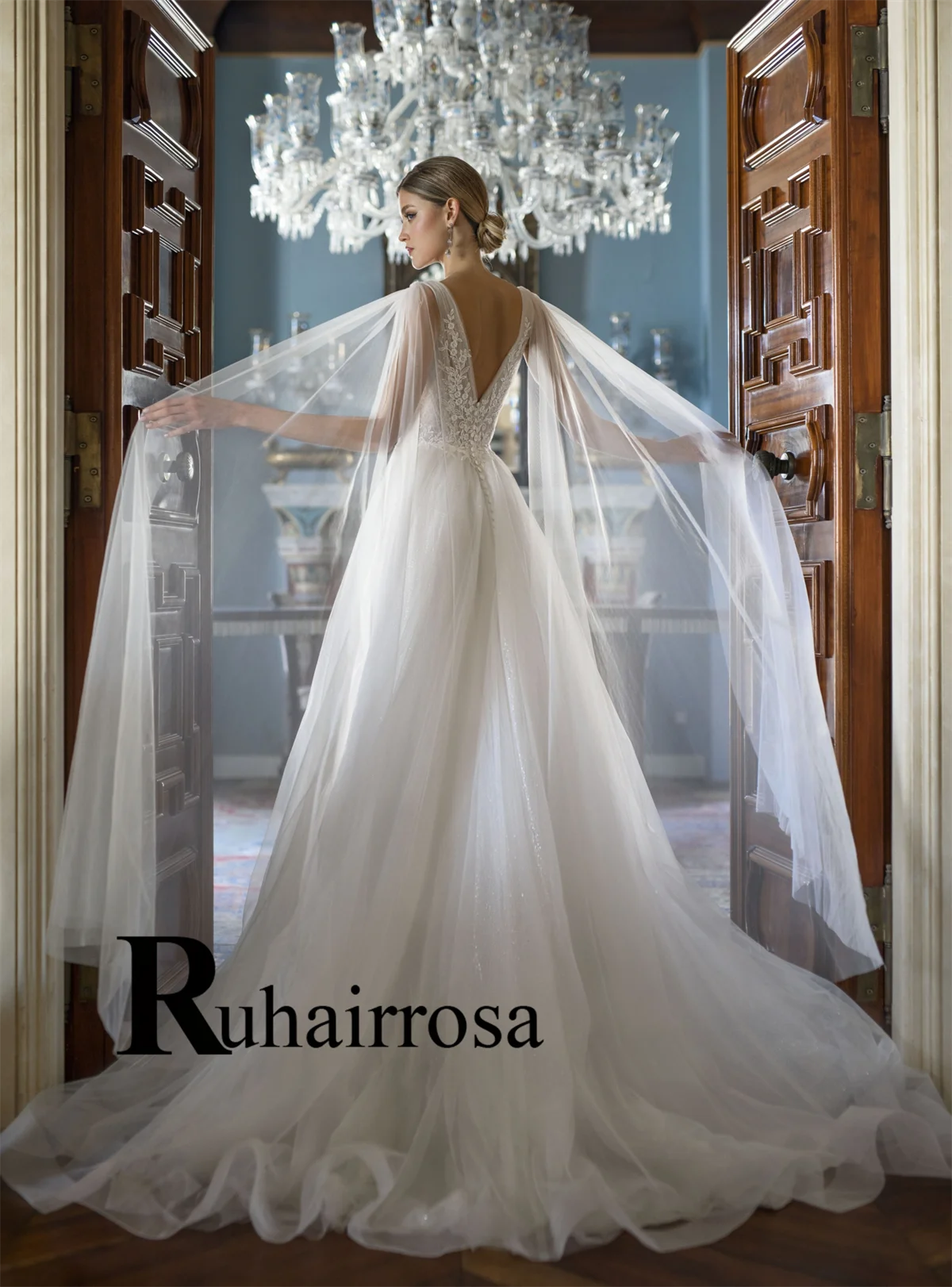 Ruhair Fashionable Wedding Gown for Women V-neck A-line Appliques Button Spaghetti Straps Tulle Vestido De Novia Customized - 3