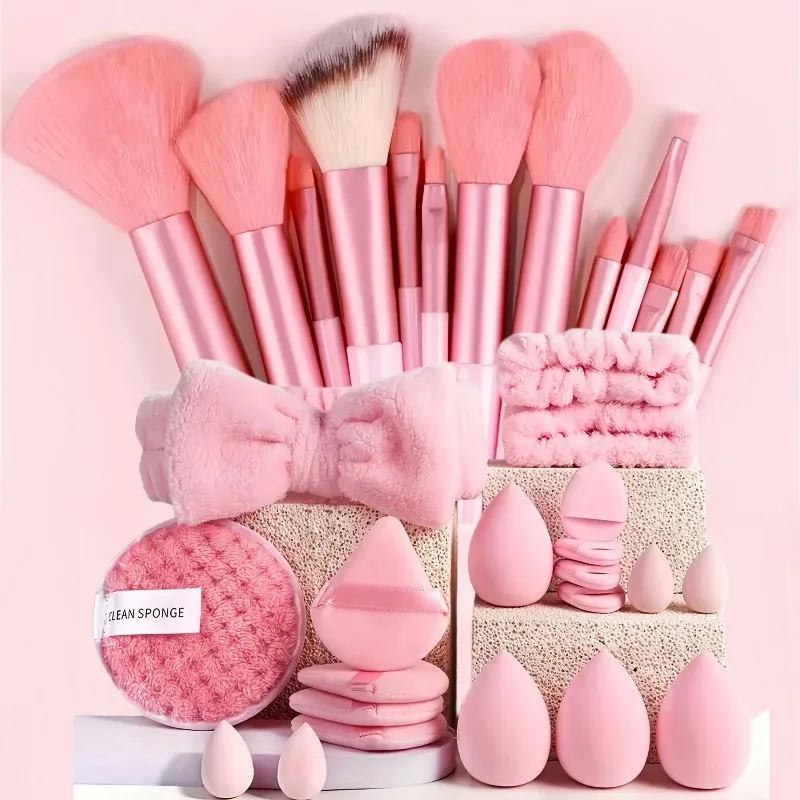 Kit Completo di 33 Strumenti per il Trucco, 13 Pennelli + Spugne + Cuscinetti per le Dita + Fascia per Capelli per Trucco Viso e Occhi, Kit da Viaggio per Ritocchi Quotidiani - immagine 6