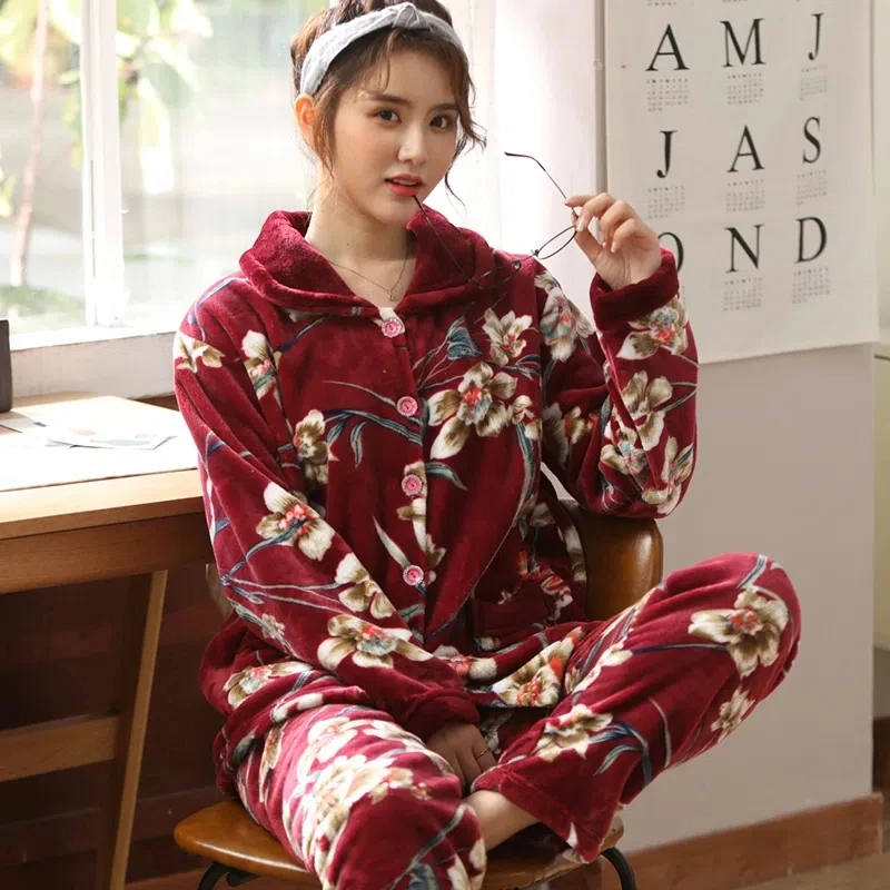 Winter Pyjama Women Flannel Pajama Set Fleece Pajamas Sleepwear Thick Warm  Velvet Female Cute Sweet Pijama Homewear Suit