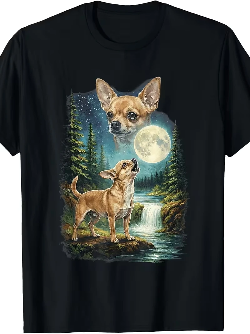 Retro Chihuahua Moon Print T-Shirt Vintage Forest Graphic Kurzarm-Tops für Männer und Frauen, lässig, locker, Streetwear, Alltagskleidung