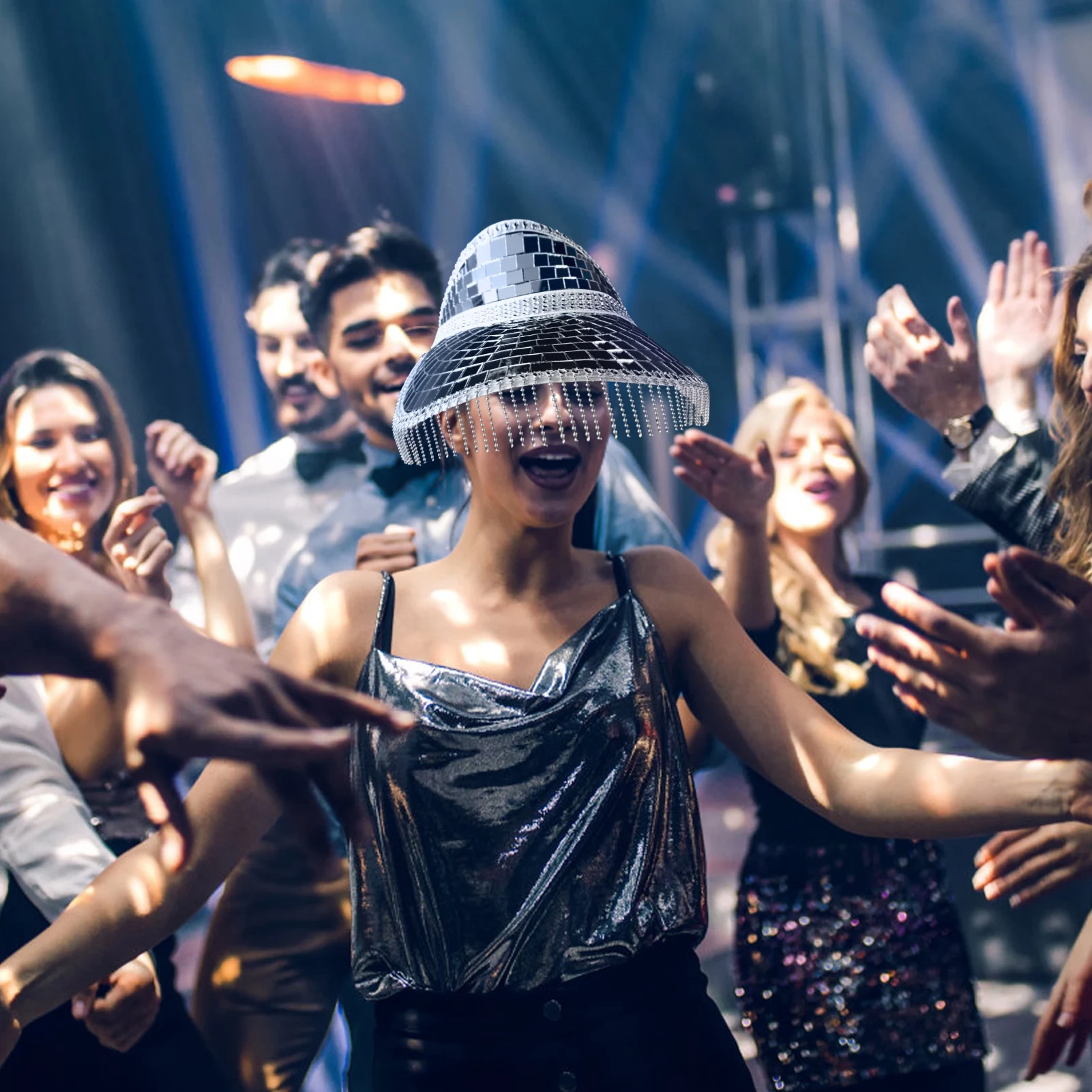 Neue Glitzer Spiegel Glas Disco Disco Dekor Hüte mit versenkbarem Visier  atember aubende Disco Ball Hüte für DJ Club Bühne