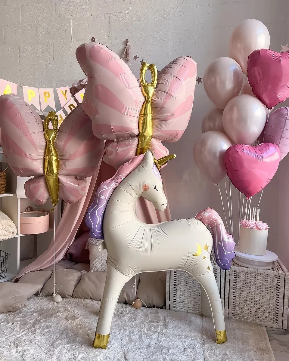 Neue 3D Schmetterling Einhorn Aluminiumfolienballons im Waldprinzessinnen-Stil für Kindergeburtstagsfeiern und Traumhafte Hochzeitsdekoration