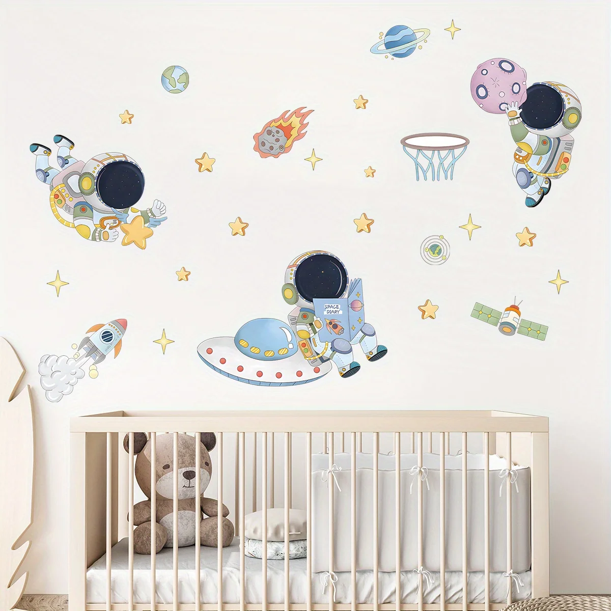 Cartoon Cute Astronaut Planet Rocket Star Space Wall Stickers Removable for Bedroom Living Room Nursery Decoration Wall Decal