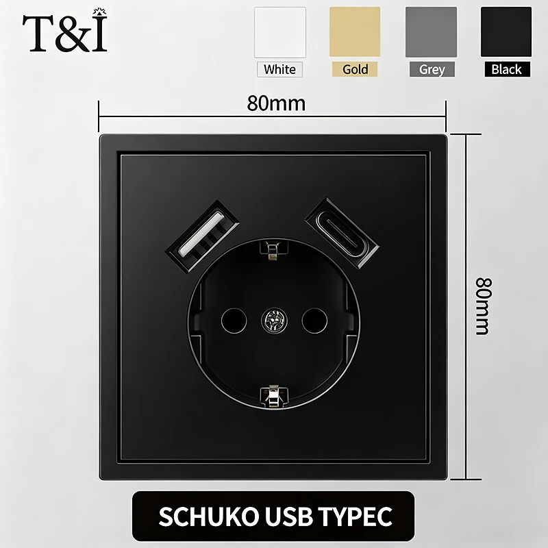 EU Power Socket with Built-in USB-C Fast Charging and Light Switch - Flush Mount Black Plate