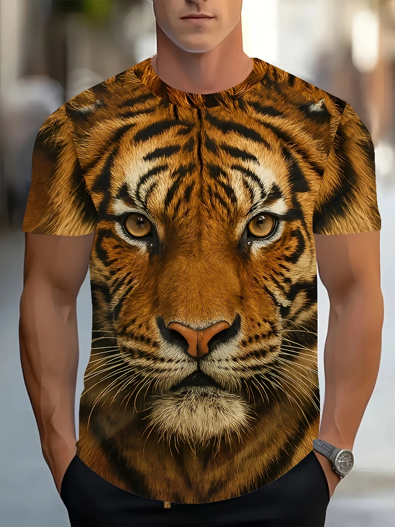 Herren 3D Realistisches Tiger-Gesicht Volldruck T-Shirt Braun Wildes Tier Rundhals Kurzarm-Shirt
