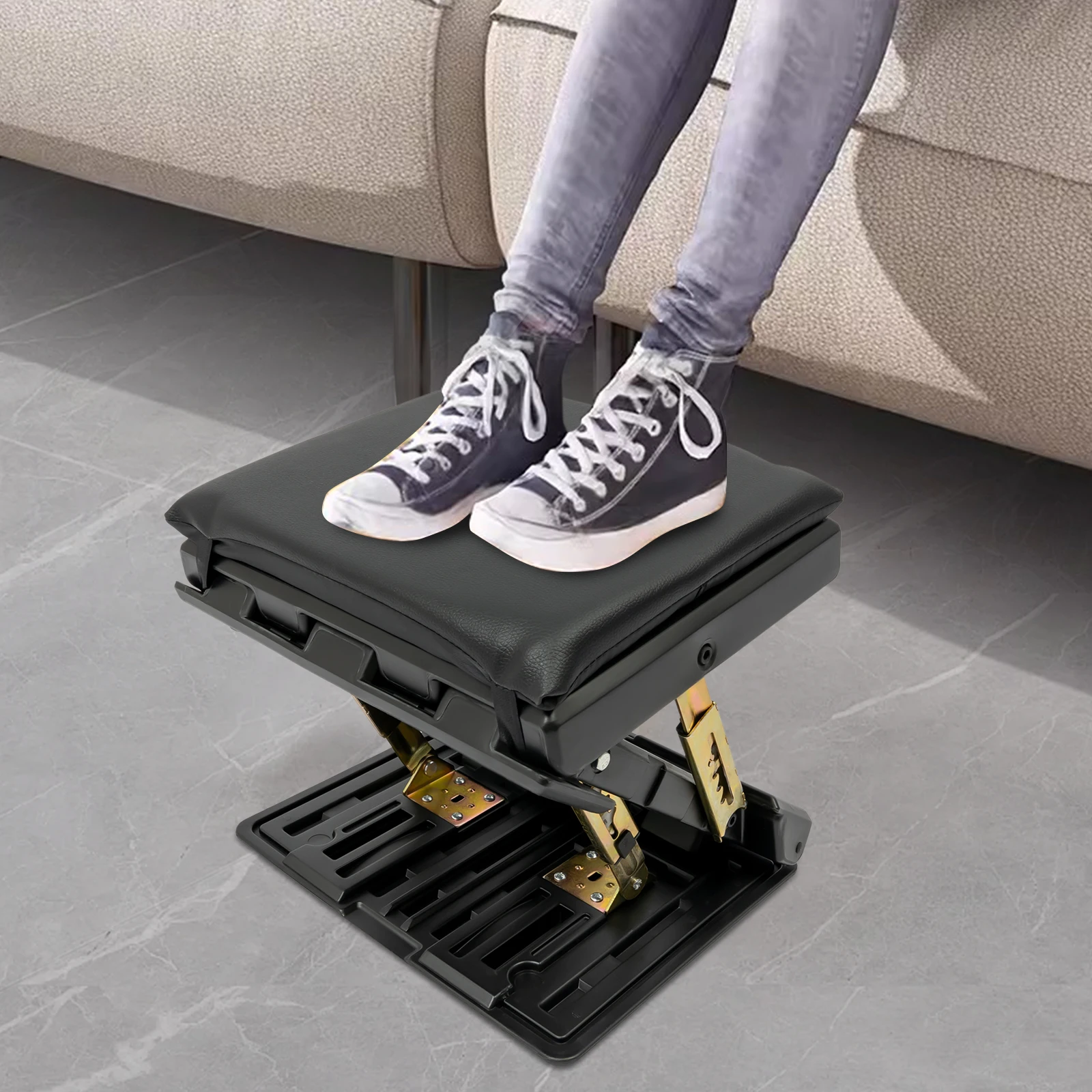 Black Ergonomic Foldable Footrest w/ Adjustable Angle, Under-Desk Stool for Office/Home/Car/Train Use, Supports Up to 176.3 lbs