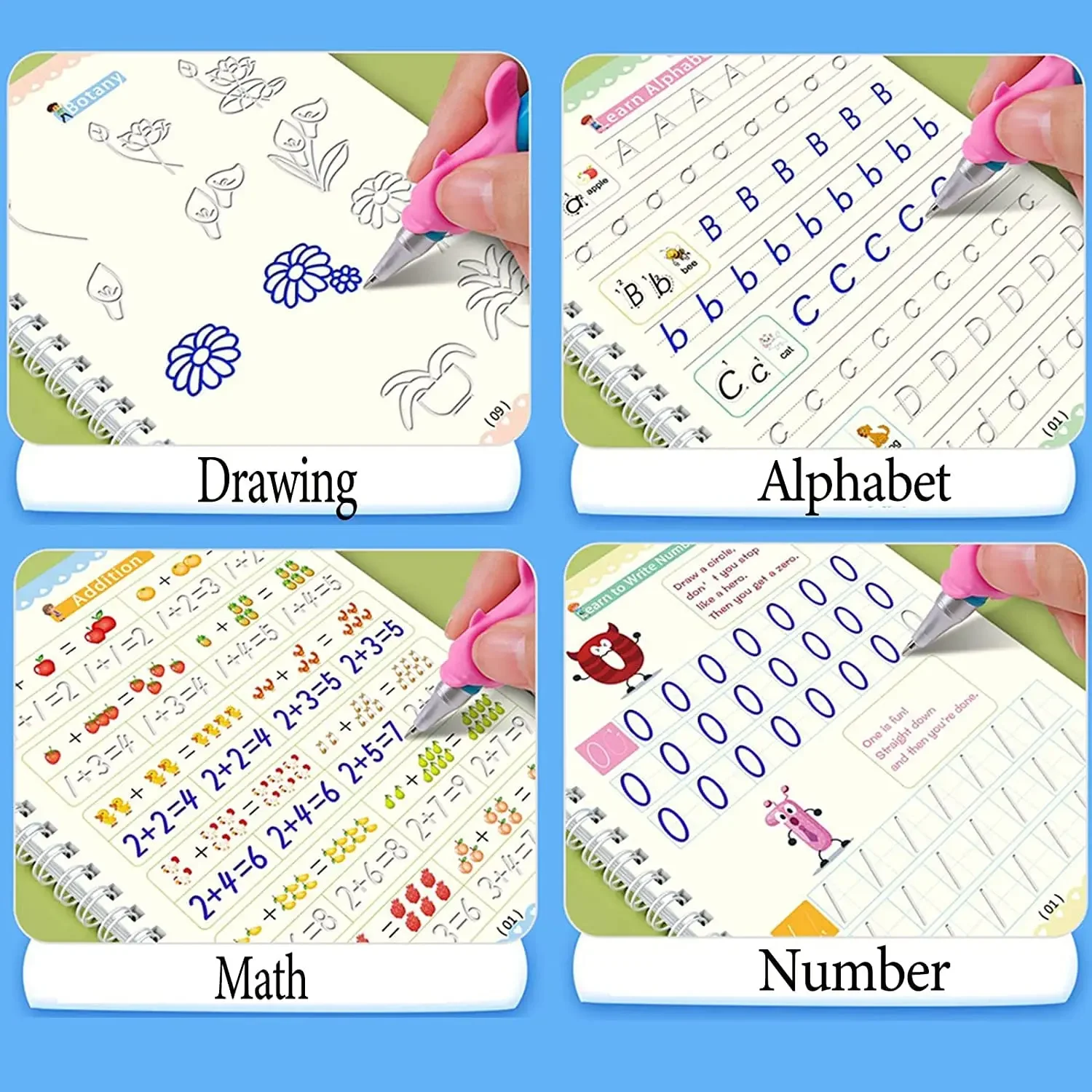 Confezione da 4 quaderni scanalati per esercitarsi con penne, libri