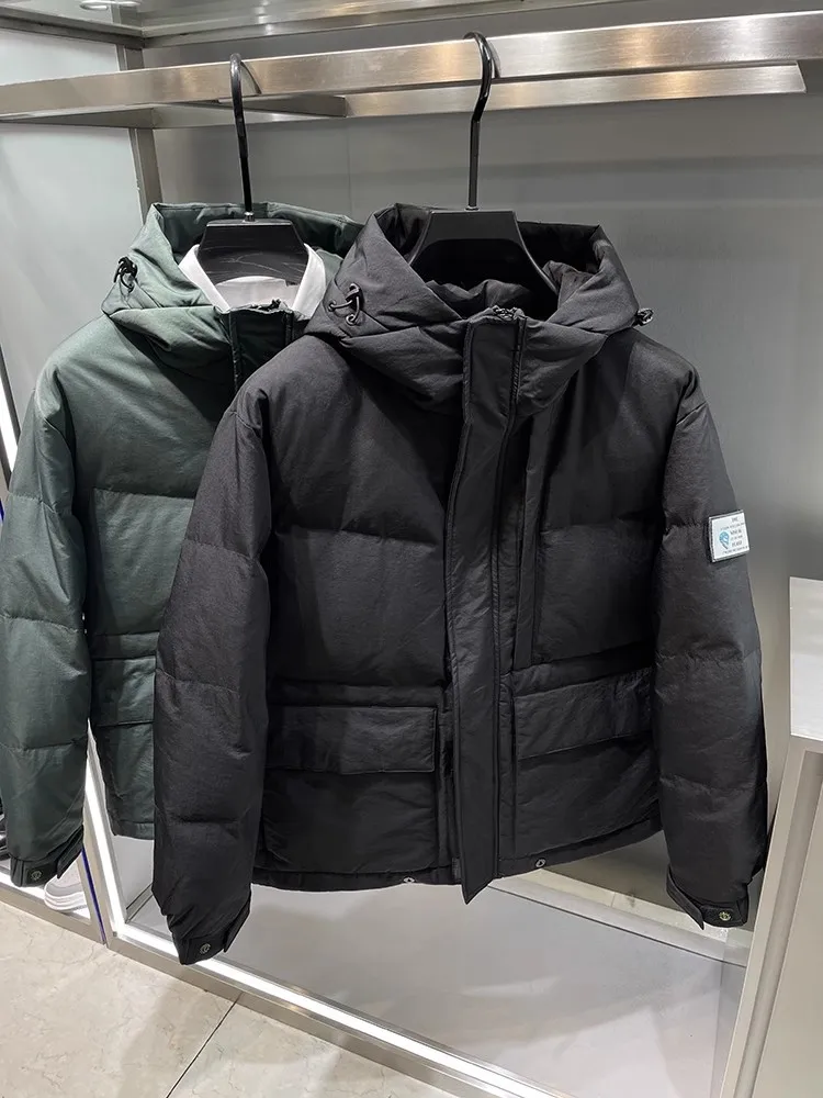 Fashion Winter Warm Mens Down Coat Stand Collar Streetwear Hooded Windbreak Outerwear Zipper Long Sleeve Men Casual Short Jacket