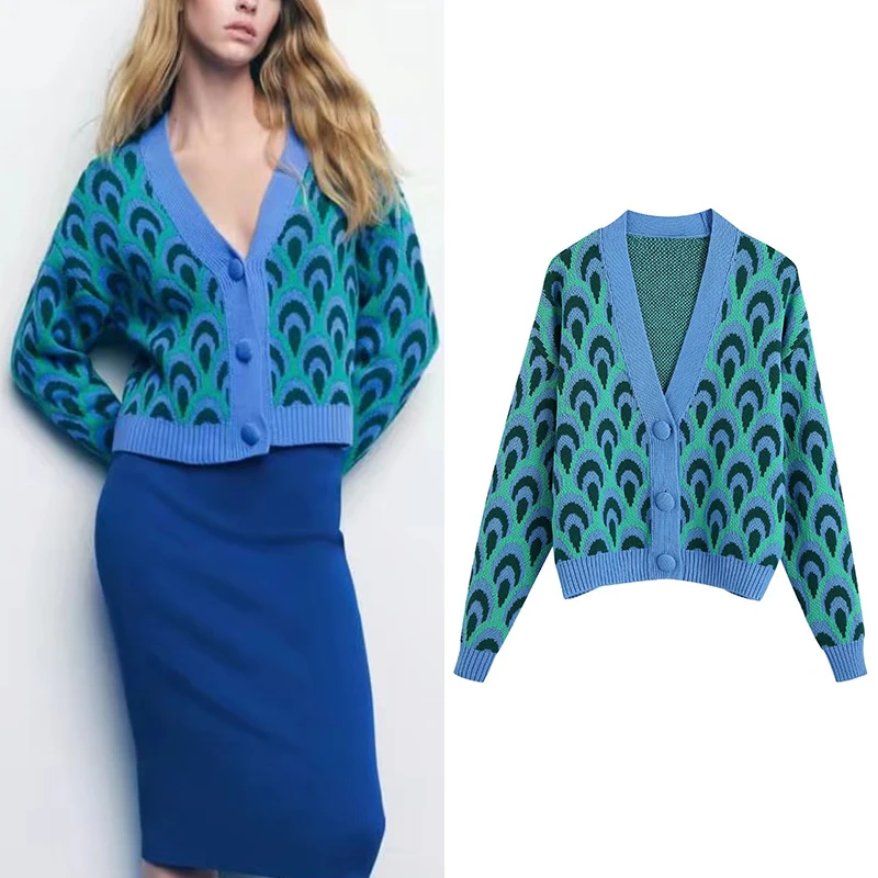 2022 Spring Women Fashion Jacquard Knit Cardigan Vintage Long Sleeve Single-breasted V Neck Female Short Outerwear BB22190 green sweater