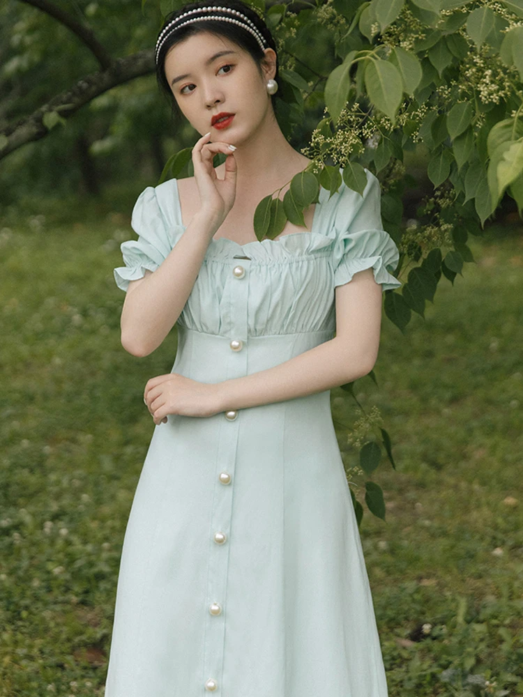 

Summer new women's wear ancient ways lotus leaf square collar bubble sleeve nail bead button long dress noble and elegant dress