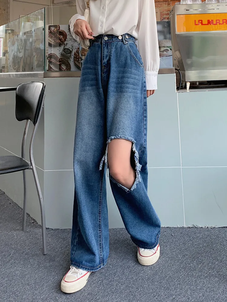 Feynzz Hole 5XL Jeans Women's Design Sense Niche 2022 Summer New Hot Girl High Waist Thin Wide Leg Pants Straight Trousers