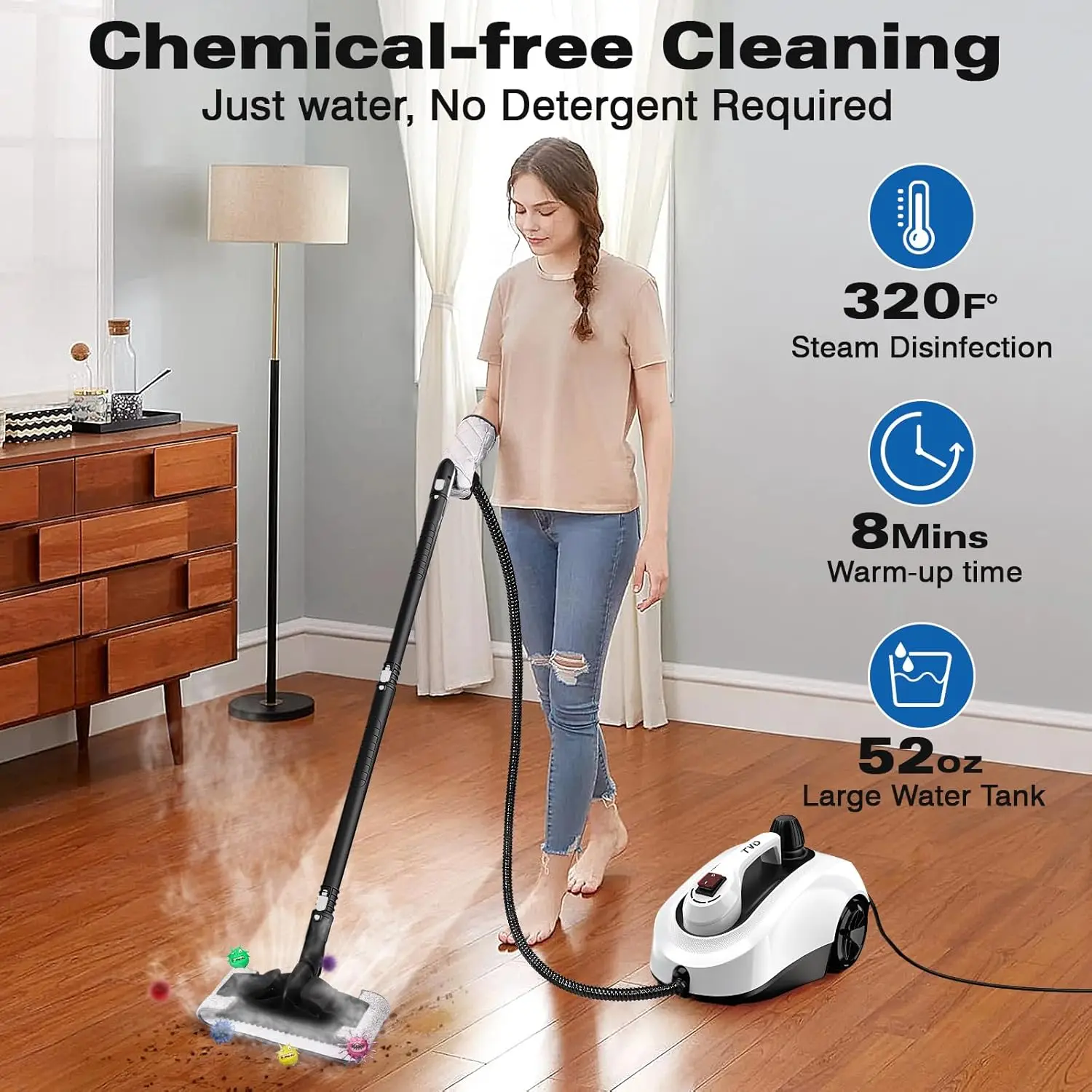 Heavy Duty Canister Steamer with 26 Accessories, Steam Mop with 5M Extra-Long Power Cord for Home Floor Cleaning, Grout, 4