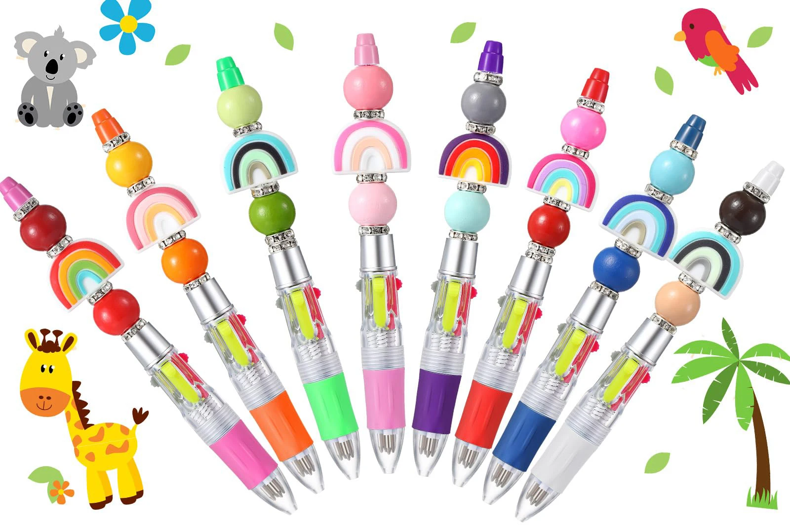 

24Pcs DIY Four-Color Beaded Ballpoint Pen Cute Beadable Pens Cartoon 4 Color Retractable Rollerball Pen Student School Gift
