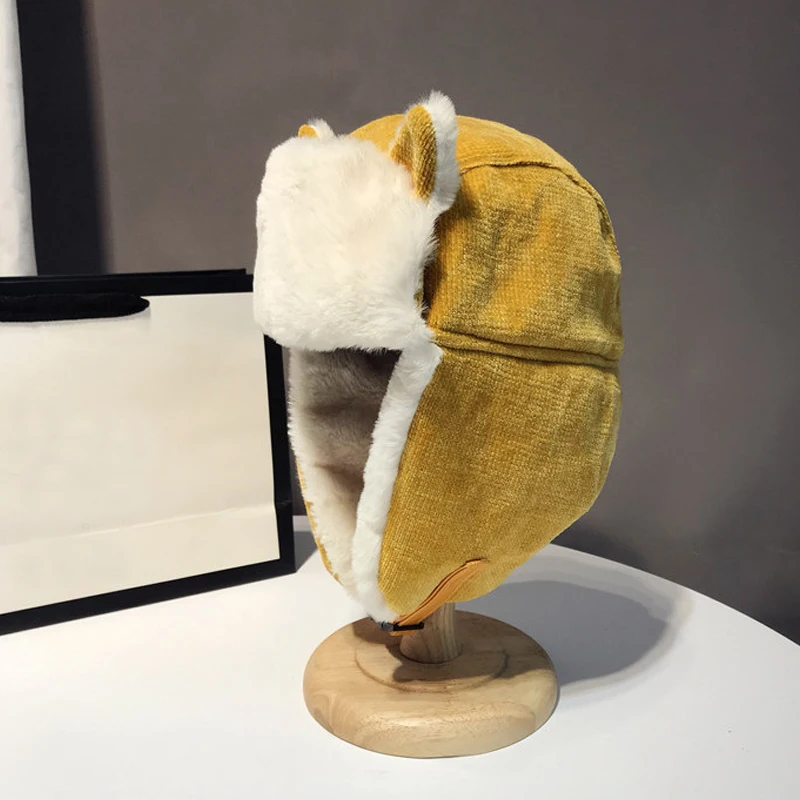 Winter Hat Fur Hat Knitted Earflap Hat Women Warm Earmuffs Thicken Wool Ear-flapped Hat Winter Cold-proof Warm Cotton Hat Cat Ears Cap Winter Unisex Russian Bonnet