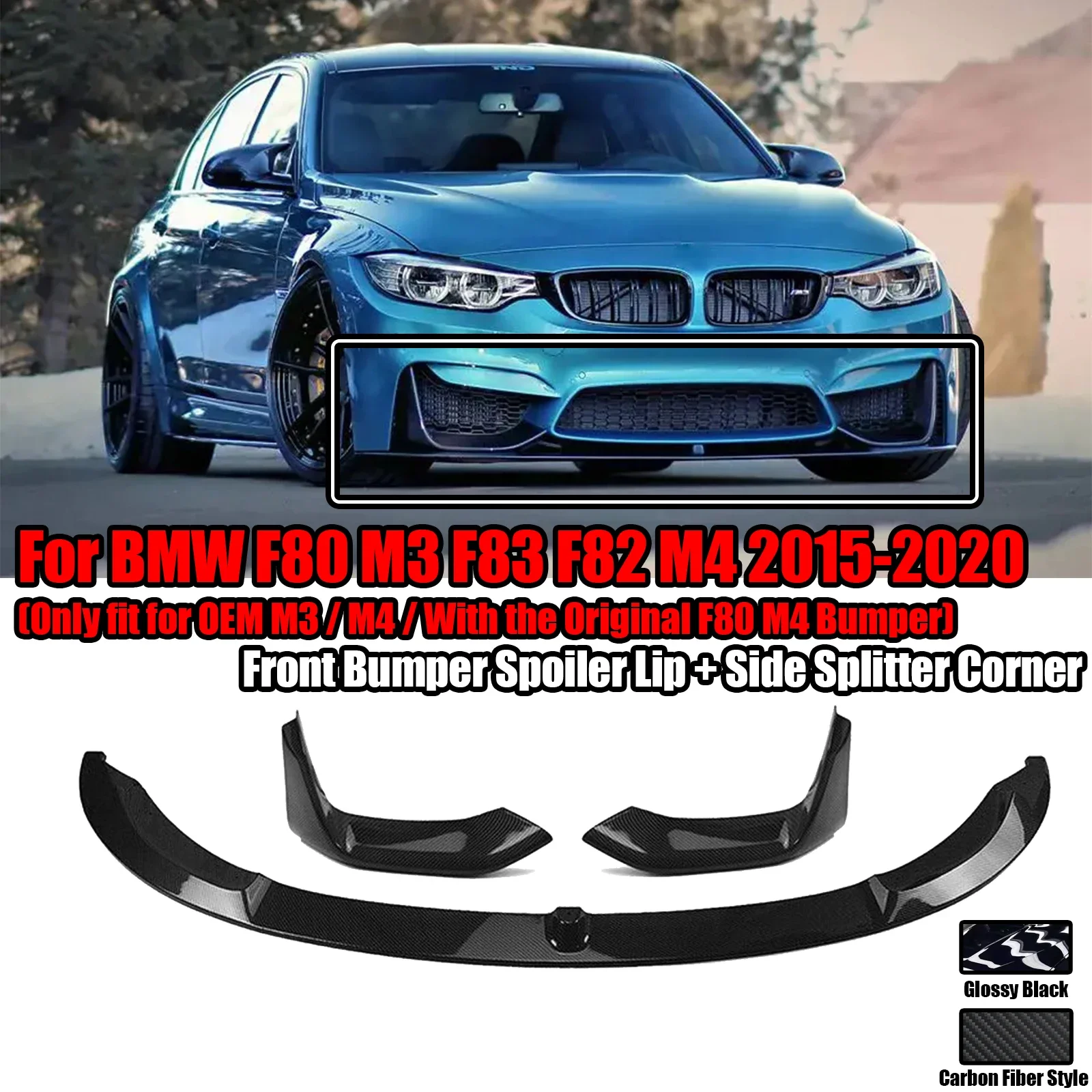 

5PCS Car Front Bumper Spoiler Lip For BMW F80 M3 F83 F82 M4 2015-2020 Blade Lower Side Air Vent Hood Cover Splitter Corner Kit