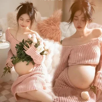 2Pcs Pink Knitted Maternity Sweater and Skirt Set, Pregnant Women Studio Photoshoot Outfit, Maternity Photography Prop Clothing