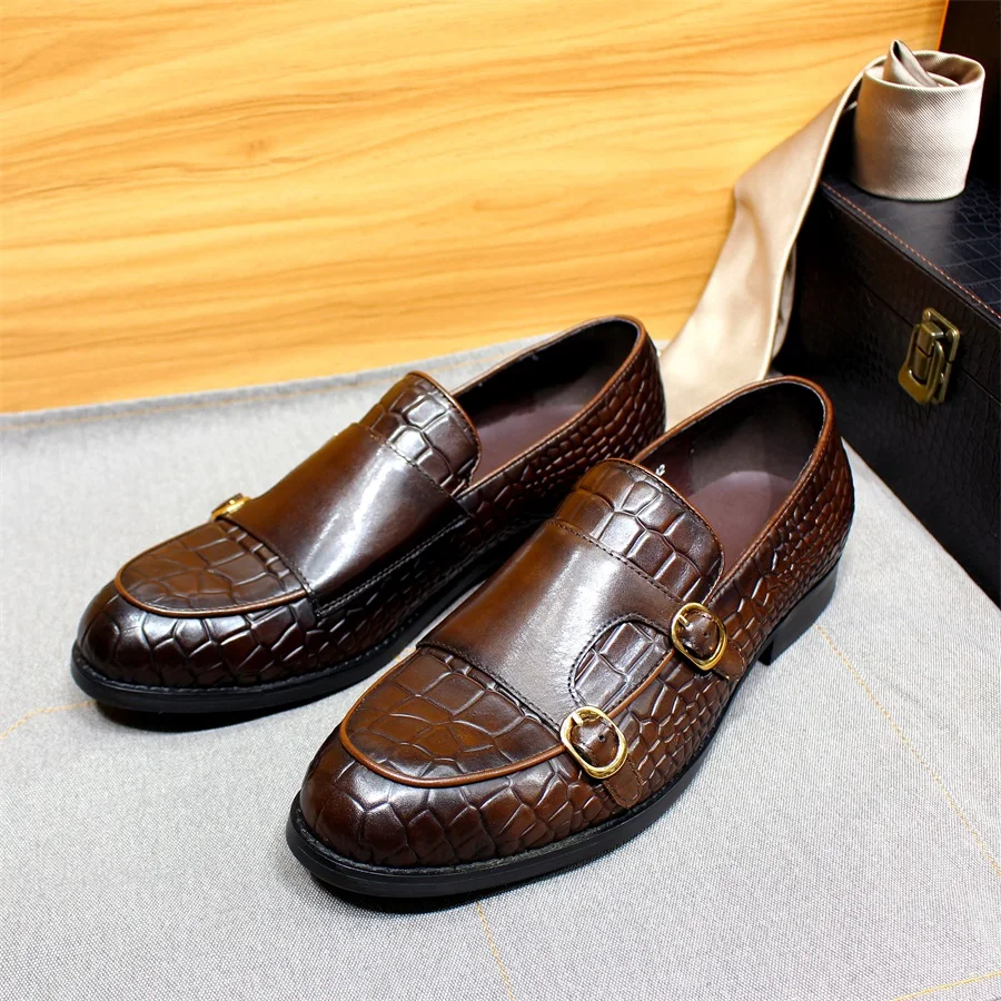 

Men's Double Buckle Monk Belt Loafers Genuine Leather Cowhide Crocodile Pattern Handmade Penny Shoe Office Party Dress Men Shoes