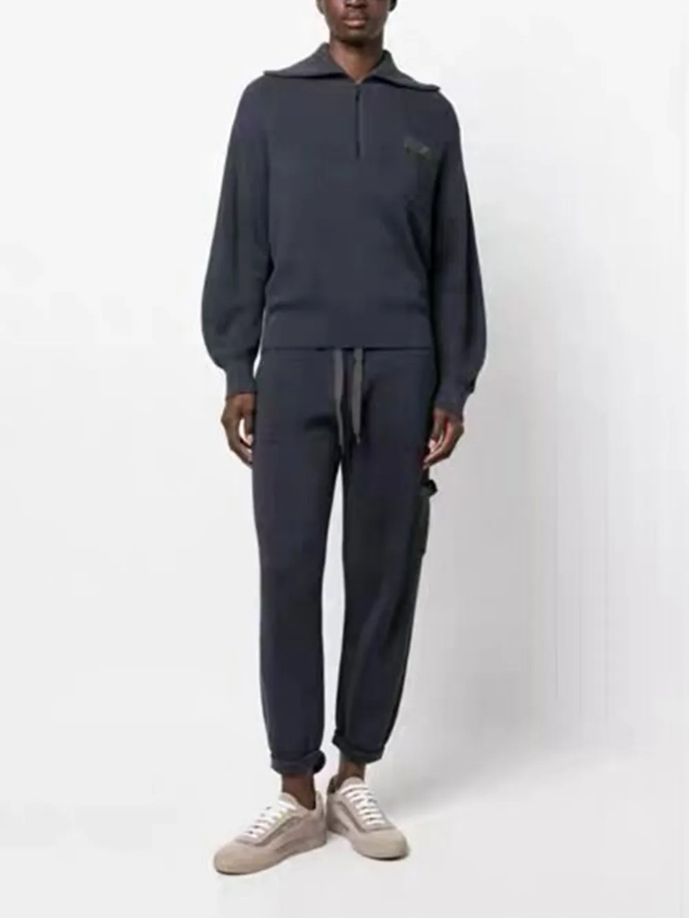 

New Women's Beaded Solid Color Knit Set Zipper Cardigan Turn-Down Collar Pullover Top Female Drawstring Loose Casual Knit Pants