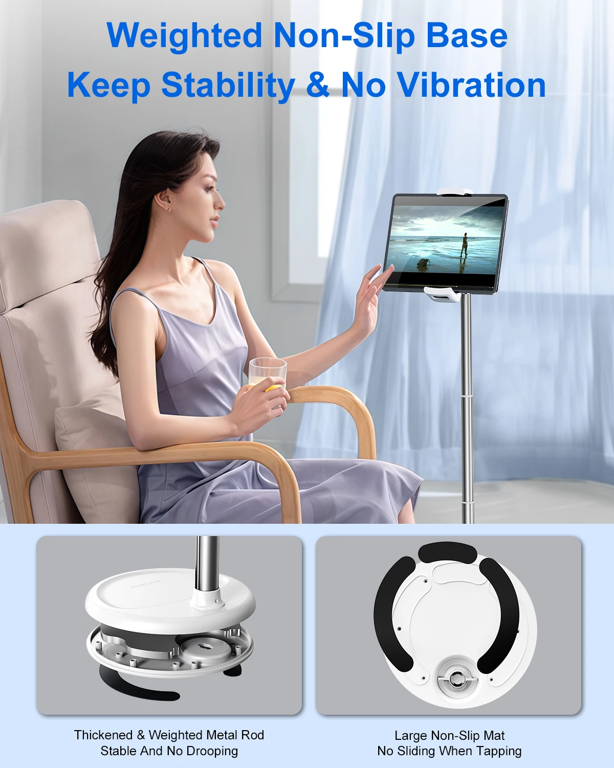Eary Tablet Phone Floor Stand With 360 Rotatable Height Adjustment Non-Slip Stable Metal Base Phone Clip Holder Desk Accessories