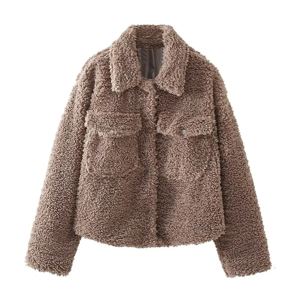 

Осенне-зимняя новая стильная маленькая парная универсальная свободная теплая флисовая куртка с длинными рукавами и отложным воротником для женщин 8372234