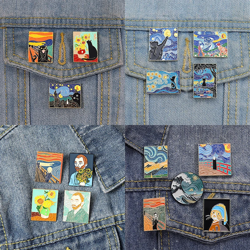 Lustige Van Gogh Ölgemälde Emaille Pins Benutzerdefinierte Sternennacht Schrei Kein Gesicht Mann Welle Brosche Revers Abzeichen Kunst Schmuck – Detail 11