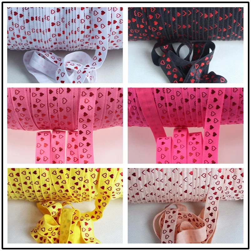 

20084 1.5CM (5/8") 100 Yards Heart Foil Printed Fold Over Elastic Foe Ribbon Stretch Band Diy Crafts Supplies