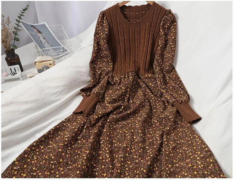 Floral Knitted Dress Women Vintage Corduroy Knitted Patchwork Dress Korean Long Bandage Dresses A-line Autumn and Winter Clothes